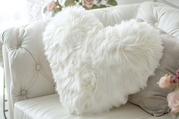 A Soft and Fluffy Heart-Shaped Pillow on a White Couch for a Cozy and Romantic Atmosphere.