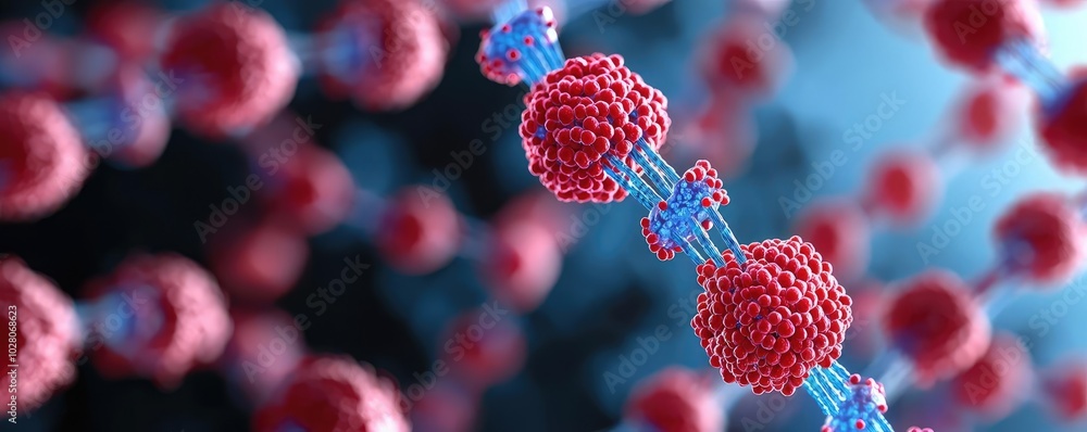 Poster close-up view of molecular structure featuring red and blue elements, symbolizing the complexity of 
