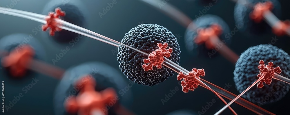 Poster close-up of a cellular structure showcasing biological processes and interactions at the microscopic