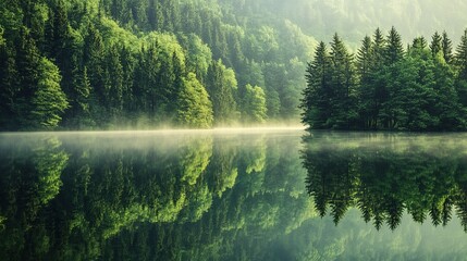 Obraz premium Serene image of a dense forest reflected flawlessly in calm water.