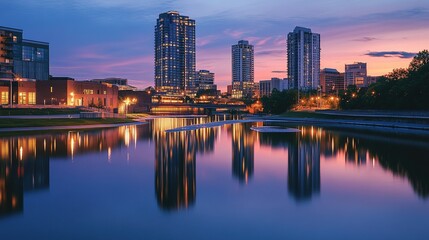Naklejka premium A stunning image of a modern city skyline reflected perfectly on the calm surface of a river at dusk. The towering buildings, illuminated windows, and soft glow of streetlights create mirrored reflect