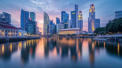 Fototapeta premium A stunning image of a modern city skyline reflected perfectly on the calm surface of a river at dusk. The towering buildings, illuminated windows, and soft glow of streetlights create mirrored reflect