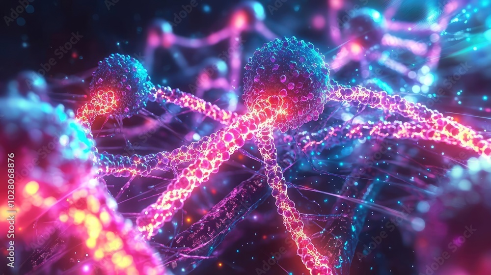Poster vibrant abstract representation of interconnected molecular structures showcasing dynamic energy and
