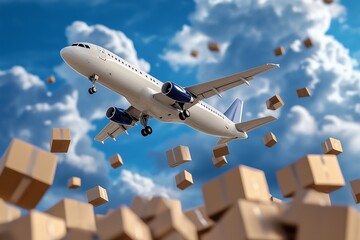 An airplane flying amidst clouds with falling cardboard boxes, symbolizing air cargo and logistics.