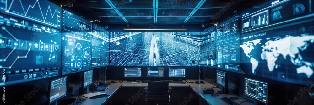 Aufkleber the control center showcases large display screens that provide vital logistics delivery and routing