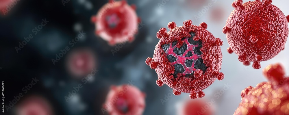 Poster microscopic view of a virus, showcasing intricate details and textures, highlighting the complexity 