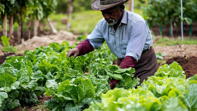 A farmer carefully tends to a row of lettuce in a garden