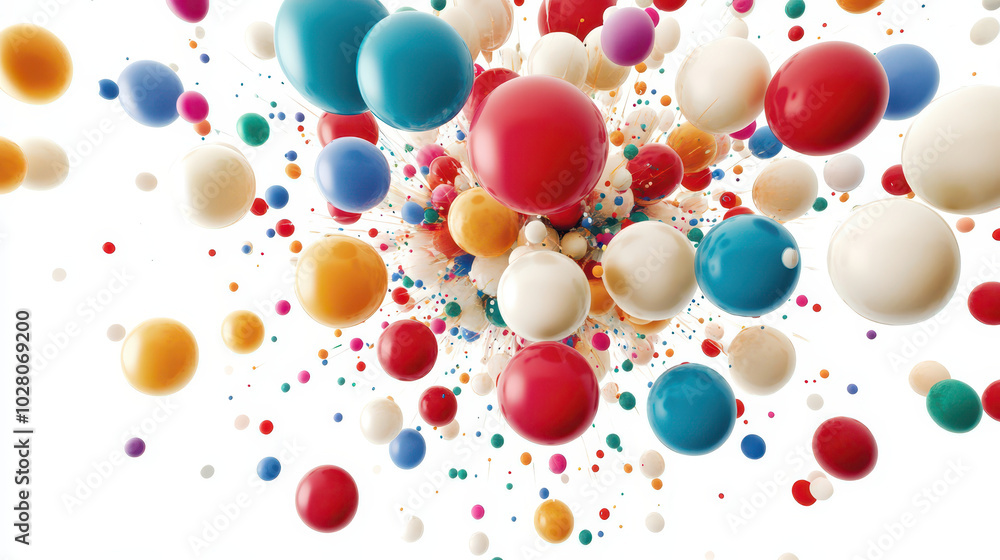 Poster a burst of balloons in multiple colors and sizes, arranged to look like they are exploding outwards