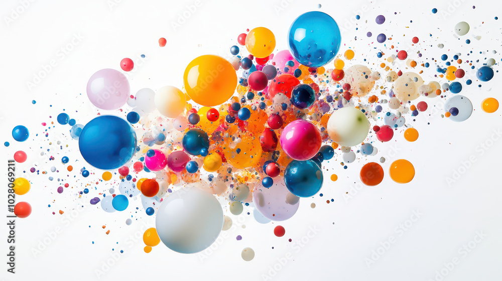 Poster a burst of balloons in multiple colors and sizes, arranged to look like they are exploding outwards