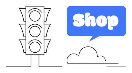 A retro traffic light stands next to a blue speech bubble with the word Shop, set against a simple cloud. Ideal for business, urban, commerce, shopping, and retail themes. Clean and minimal style