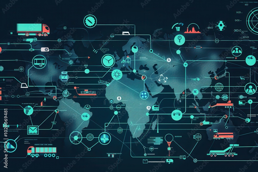 Poster the map displays global transport networks with highlighted routes and icons, showcasing diverse mod