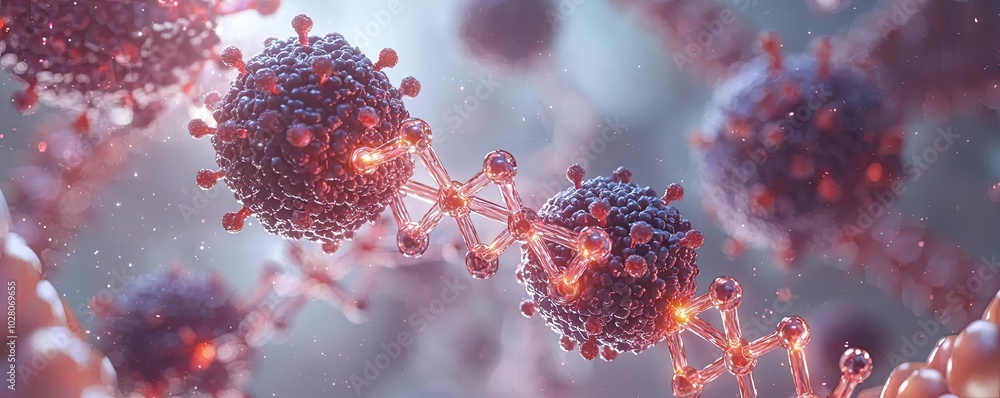 Poster close-up view of molecular structures with vibrant colors on a blurred background.