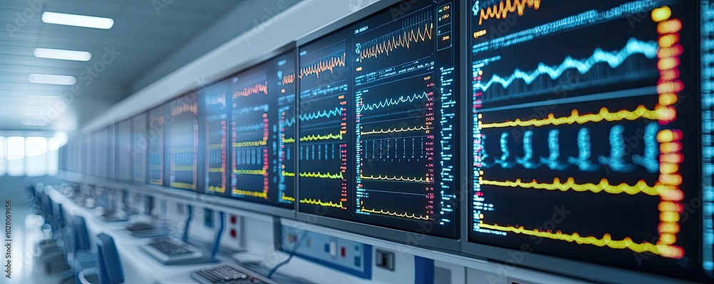 Poster high-tech monitoring system displaying vital signs on multiple screens in a modern healthcare facili