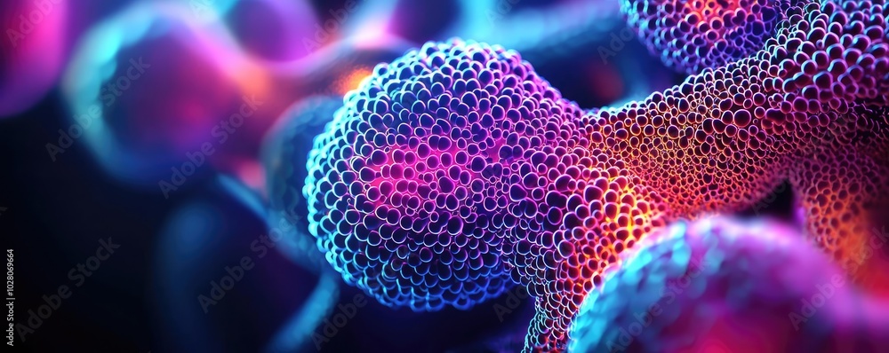 Poster vibrant close-up of molecular structures showcasing intricate patterns and glowing colors, perfect f