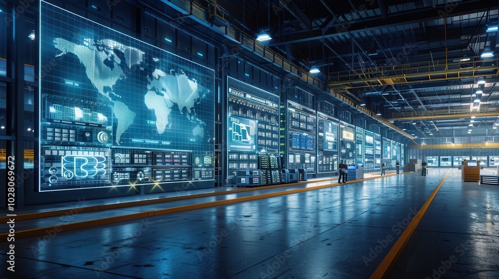 Poster the control center features large screens monitoring delivery routes and logistics data, efficiently