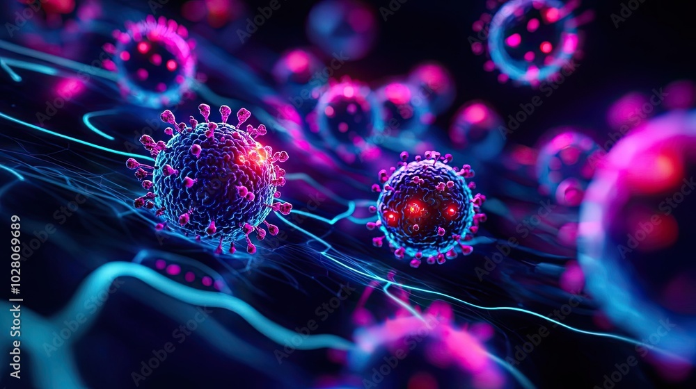 Poster detailed close-up of viruses represented in vibrant colors, showing cellular structures and intricat