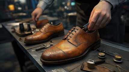 Shoemaker crafting leather shoes in workshop for artisan footwear design and repair
