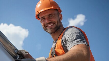 Skilled roofer with nail gun smiling under a clear blue sky for construction and home improvement