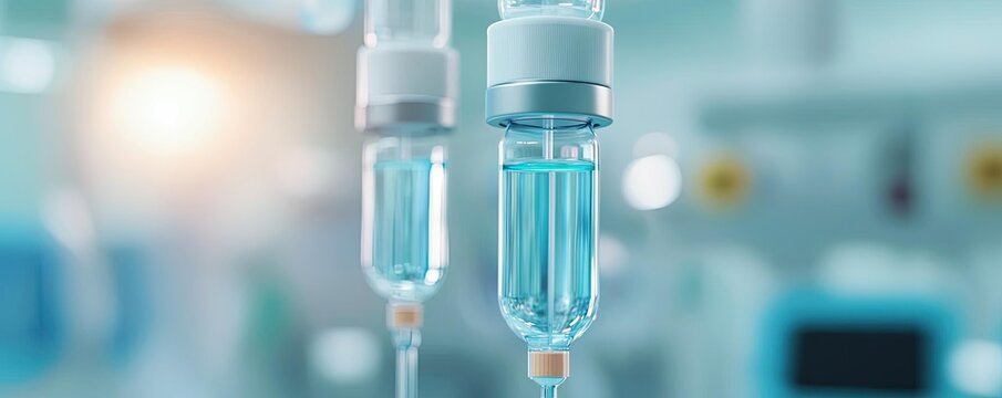 Close-up of a medical IV drip with clear fluid, highlighting healthcare and treatment in a clinical environment.