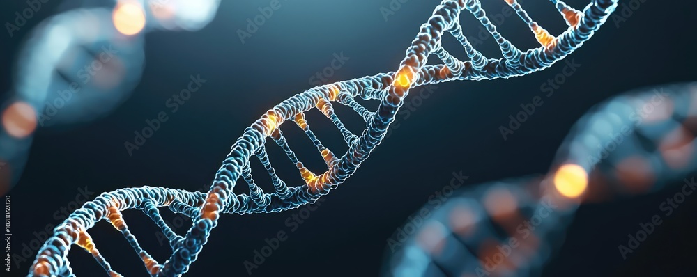 Poster a close-up view of a dna strand highlighting its double helix structure, representing genetics and m