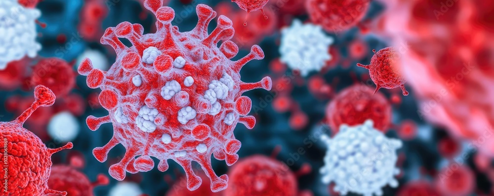 Poster close-up view of a virus in a microscopic environment, showcasing intricate details of viral structu