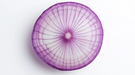 a close-up, top-down view of a single slice of purple onion, positioned in the center of a white background
