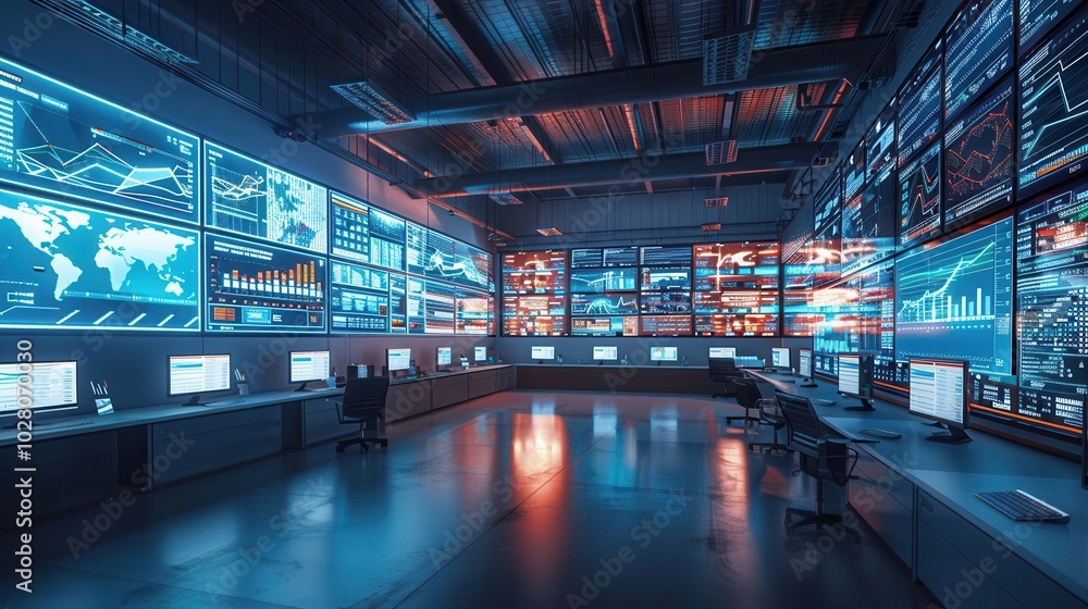 Poster the control center features large displays showing logistics data and routes, supporting efficient d