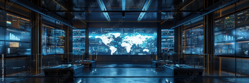 Poster the logistics control center features large screens showing live data on deliveries and routes, crea