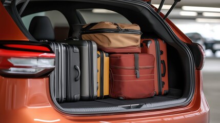 Spring travel preparation: car trunk packed with luggage for vacation adventures