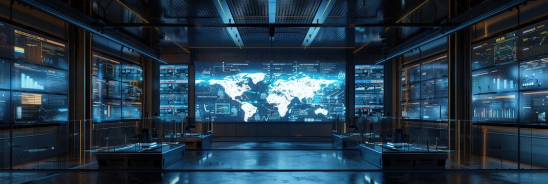 The logistics control center features large screens showing live data on deliveries and routes, creating an efficient management environment. Generative AI