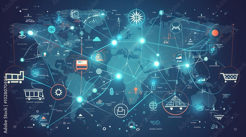 Leinwandbilder A detailed global map showcases highlighted transport routes along with icons for different modes of transportation and logistics. Generative AI