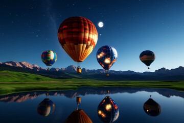 Obraz premium 3D-rendered balloons floating through a crystal-clear night sky, with each balloon reflecting the moon and stars, casting soft, magical light across the landscape
