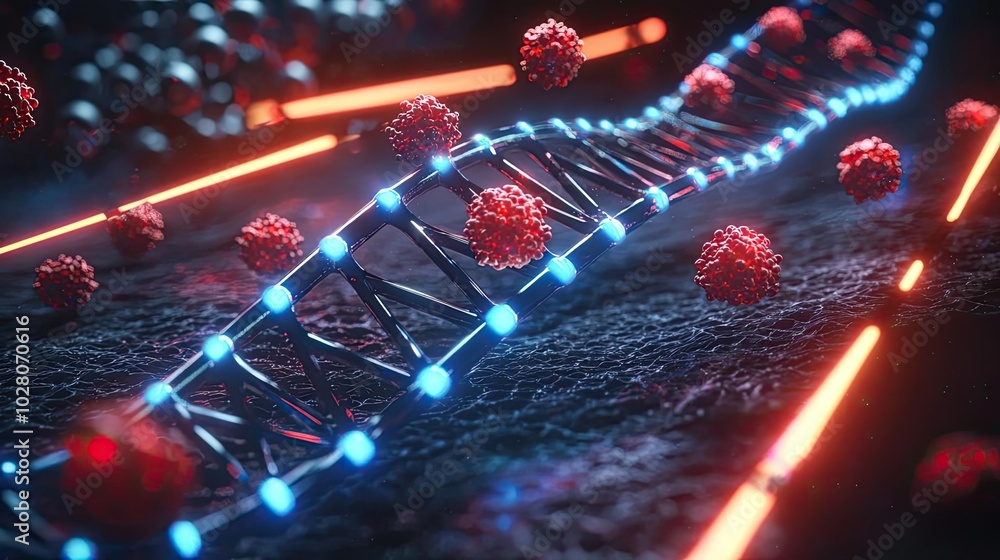 Poster abstract representation of dna strand with glowing elements and virus particles