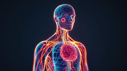 Human anatomy visualization with vibrant neural pathways and internal organs.