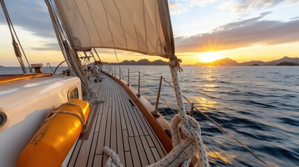Fototapeta premium Tranquil sailing adventure at sunset – perfect for travel and leisure content creation