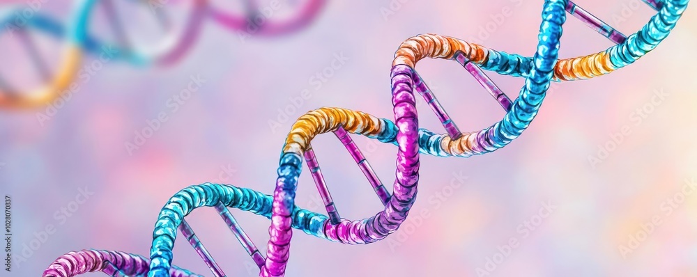 Poster close-up view of a colorful dna helix, representing genetic material and biological science. vibrant