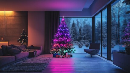 Tech-savvy Christmas tree with programmable RGB lights, casting synchronized hues of color in time with holiday tunes, set in a stylish, modern living room