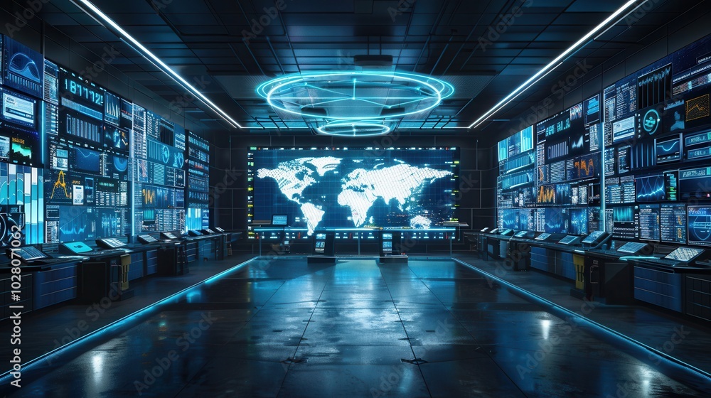 Poster A state-of-the-art logistics control center shows large screens monitoring delivery routes and real-time data updates. Generative AI