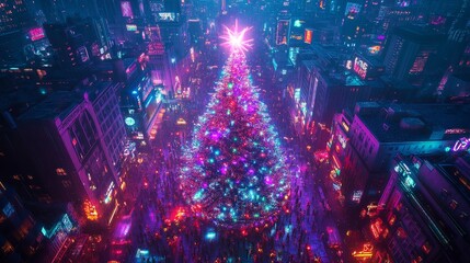 Obraz premium A cyberpunk Christmas tree, wrapped in digital lights and holographic garlands, surrounded by high-tech drones projecting vibrant colors. Cyberpunk, Neon Lights, 3D Render, Night City