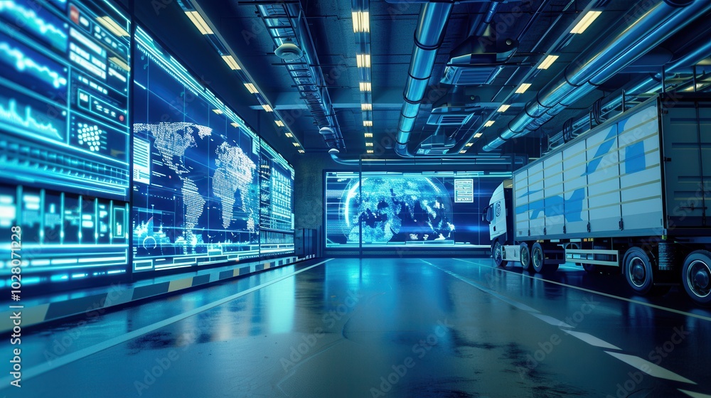 Poster the control center monitors delivery routes and logistics data on expansive screens while coordinati