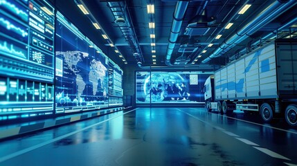 The control center monitors delivery routes and logistics data on expansive screens while coordinating operations efficiently. Generative AI