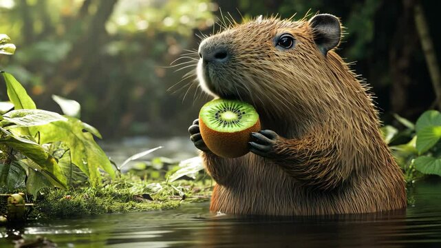 A capybara enjoys a kiwi fruit snack while relaxing in a stream