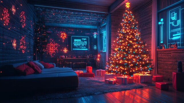 Smart Christmas tree in a techy living room, ornaments shining in custom light patterns, surrounded by hologram presents, Cyberpunk, Neon Lights, 3D Render