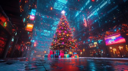 Obraz premium A Christmas tree in a virtual world, radiating vibrant, shifting lights, with augmented reality presents beneath it. Surrounded by holographic snow. Futuristic, Cyberpunk, Neon hues