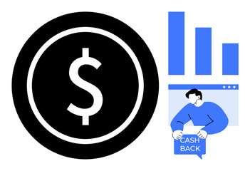 Large dollar sign beside person holding cash back card and bar graphs, suggesting financial concepts, growth measurement, personal finance, cash back, savings, and investment opportunities. Ideal for