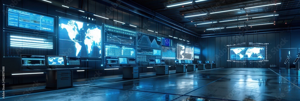 Poster employees monitor delivery routes and logistics data on multiple large screens in a high-tech contro