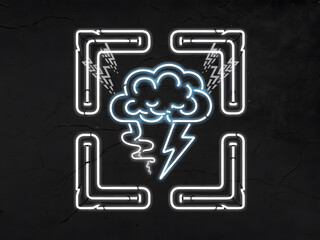 Marco con nube y rayos de tormenta en luces de neón
