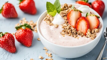 Fresh yogurt bowl topped with strawberries, granola, and mint leaves.