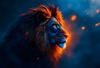 Naklejka premium Fiery Lion: A Majestic Beast with a Blazing Mane