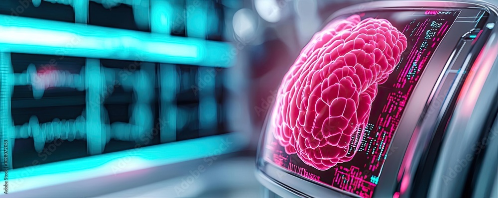 Poster futuristic brain scan display with vibrant colors and digital interface